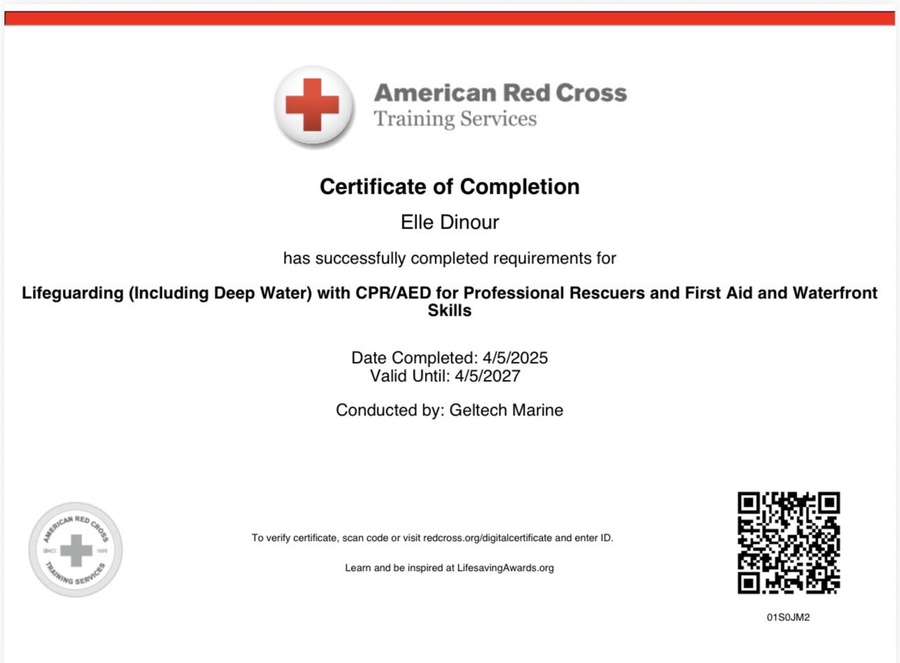 American Red Cross Lifeguarding certificate — Elle Dinour, valid until 4/5/2027
