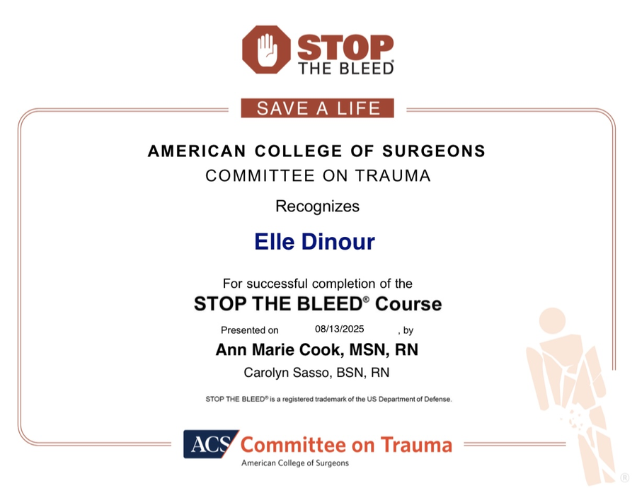 STOP THE BLEED certificate from American College of Surgeons — Elle Dinour, 8/13/2025